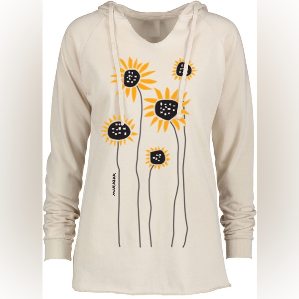 Marushka Boho Artsy Sunflower Graphic Notch Neck Hoodie Size Medium
